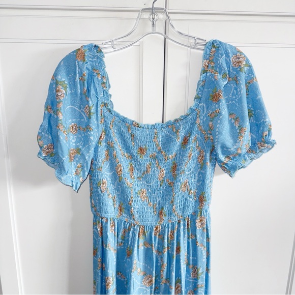 ZESICA FLORAL BLUE PRINT SQUARE NECK RUFFLE SWING BEACH DRESS - Picture 5 of 11